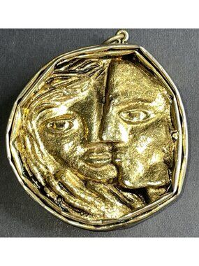 RARE 2 Face Man Woman Pendant Brutalist Art Gold Tone Love Couture 2" 3D Jewelry